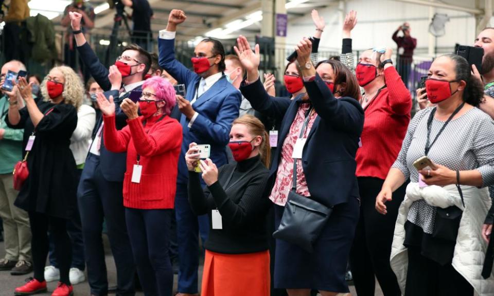 Labour supporters celebrate as Labour’s Joanne Anderson is declared the mayor at Liverpool’s Wavertree tennis centre.