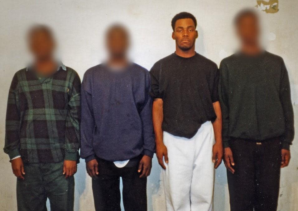 At the police station, Lamar Johnson agreed to do a photo lineup. He is in the third position, wearing the white pants. Det. Nickerson brought Greg Elking in to try and make an identification. Elking viewed the lineup twice and didn't make an identification.  / Credit: St. Louis Metropolitan Police Department