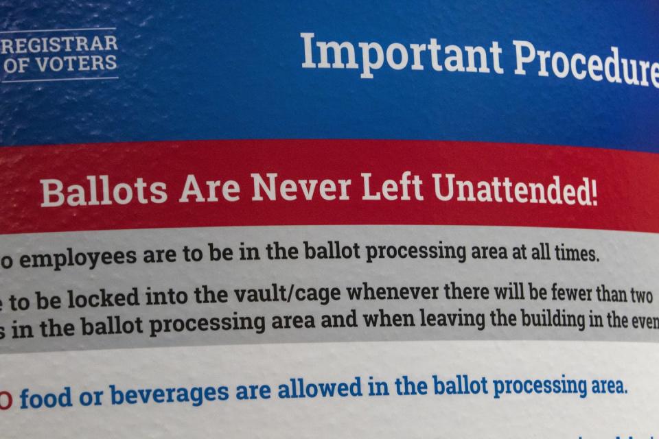 Voting officials have a range of duties, from registering voters to hiring and training poll workers to tabulating votes and certifying election results. Here, a sign for ballot counters from the Washoe County, Nev., registrar of voters. <a href="https://www.gettyimages.com/detail/news-photo/sign-to-ballot-counters-washoe-county-voters-registrar-gave-news-photo/1240293827?adppopup=true" rel="nofollow noopener" target="_blank" data-ylk="slk:Ty O'Neil/SOPA Images/LightRocket via Getty Images;elm:context_link;itc:0;sec:content-canvas" class="link ">Ty O'Neil/SOPA Images/LightRocket via Getty Images</a>