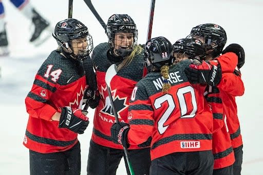 Canada celebrates a goal against the United States during third period Rivalry Series women's hockey action in Regina on Friday. 