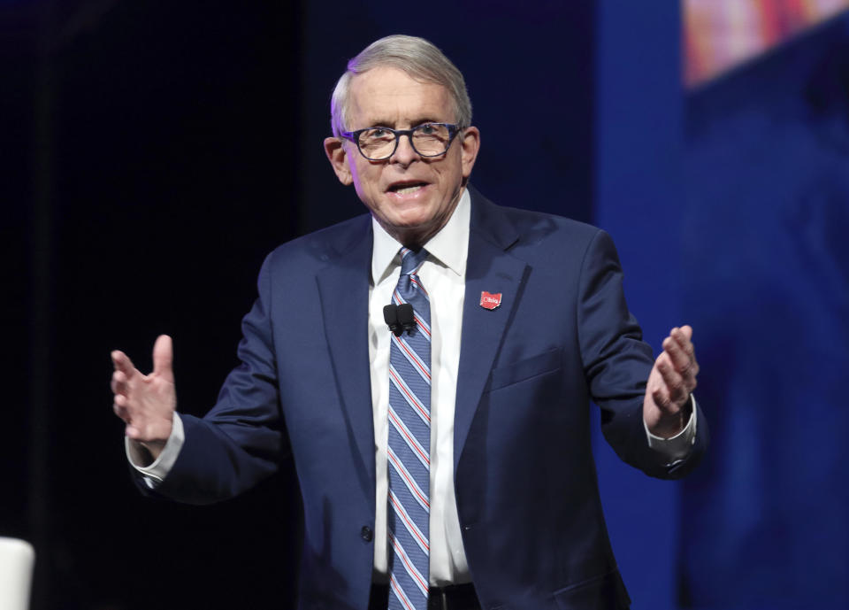 Ohio Gov. Mike DeWine speaks Jan. 21, 2022, in Newark, Ohio. DeWine won high marks early in the pandemic with his stay-at-home mandates.  / Credit: Paul Vernon / AP