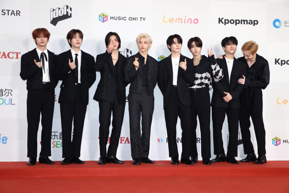 Stray Kids, 2023 Fact Music Awards, suits, red carpet.