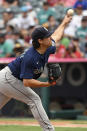 Seattle Mariners pitcher Marco Gonzales throws to home plate during the first inning of a baseball game against the Los Angeles Angels, Sunday, Sept. 26, 2021, in Anaheim, Calif. (AP Photo/Michael Owen Baker)