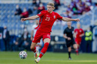 FILE - Norway's Erling Haaland tries a shoot during a World Cup 2022 group G qualifying soccer match between Norway and Turkey at La Rosaleda stadium in Malaga, Spain, Saturday, March 27, 2021. (AP Photo/Fermin Rodriguez, File)