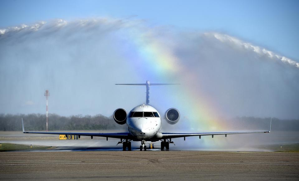 FILE - Water cannons welcome the first American Airlines from Washington, D.C., at Augusta Regional Airport in Augusta on January 7, 2020. Many new non-stop destinations will be added to Augusta Regional's services next in April to serve the Masters guests coming from across the U.S.