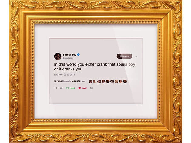 Get it <strong><a href="https://www.huffpoststuff.com/sales/in-this-world-soulja-boy-framed-tweet" target="_blank" rel="noopener noreferrer">here</a></strong>.