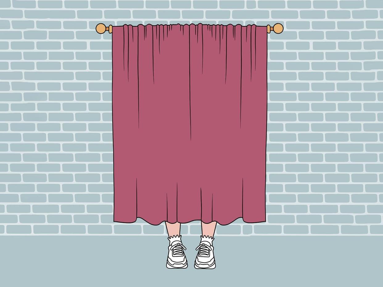 Illustration of person hiding behind red curtain for privacy.