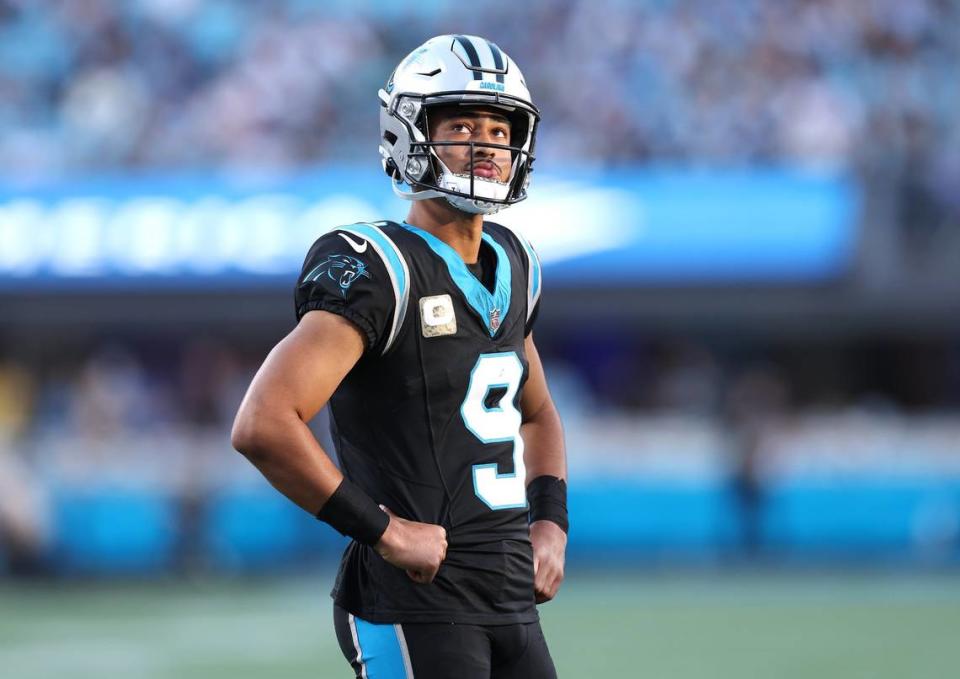 Carolina Panthers quarterback Bryce Young glances up at the Jumbotron during first-quarter action against the Indianapolis Colts on Sunday, November 5, 2023 at Bank of America Stadium in Charlotte, NC.