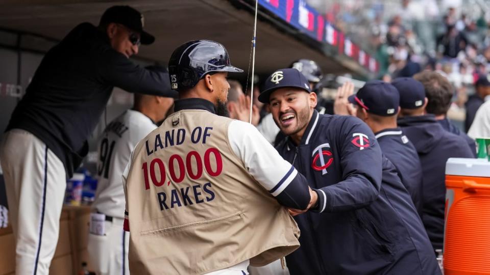 <div><a class="link " href="https://sports.yahoo.com/mlb/players/9590/" data-i13n="sec:content-canvas;subsec:anchor_text;elm:context_link" data-ylk="slk:Byron Buxton;sec:content-canvas;subsec:anchor_text;elm:context_link;itc:0">Byron Buxton</a> #25 of the <a class="link " href="https://sports.yahoo.com/mlb/teams/minnesota/" data-i13n="sec:content-canvas;subsec:anchor_text;elm:context_link" data-ylk="slk:Minnesota Twins;sec:content-canvas;subsec:anchor_text;elm:context_link;itc:0">Minnesota Twins</a> celebrates with <a class="link " href="https://sports.yahoo.com/mlb/players/11057/" data-i13n="sec:content-canvas;subsec:anchor_text;elm:context_link" data-ylk="slk:Pablo Lopez;sec:content-canvas;subsec:anchor_text;elm:context_link;itc:0">Pablo Lopez</a> #49 after hitting a home run against the <a class="link " href="https://sports.yahoo.com/mlb/teams/kansas-city/" data-i13n="sec:content-canvas;subsec:anchor_text;elm:context_link" data-ylk="slk:Kansas City Royals;sec:content-canvas;subsec:anchor_text;elm:context_link;itc:0">Kansas City Royals</a> on April 30, 2023 at Target Field in Minneapolis, Minnesota.</div> <strong>((Photo by Brace Hemmelgarn/Minnesota Twins/Getty Images))</strong>