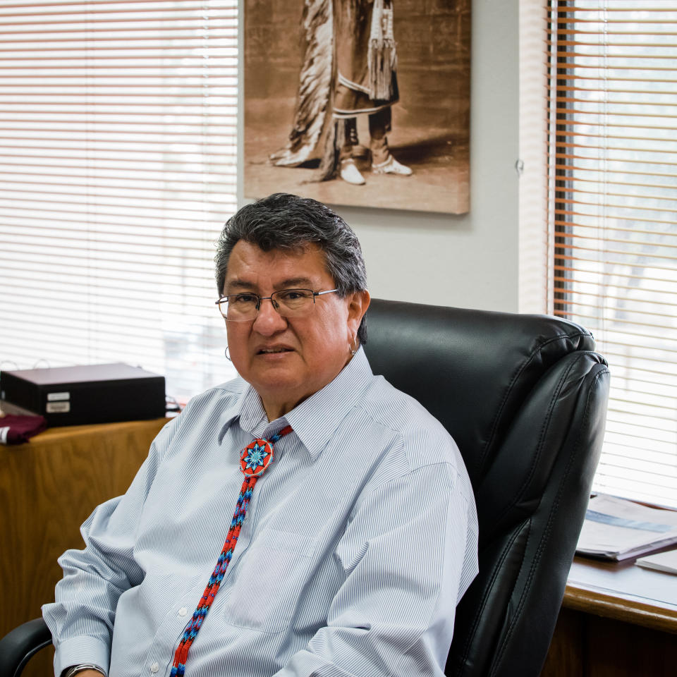 Ute Mountain Ute Tribe Chairman Manuel Heart sits for a portrait in his office in Towaoc, Colo., on Sept. 8, 2022. (Cate Dingley for NBC News)