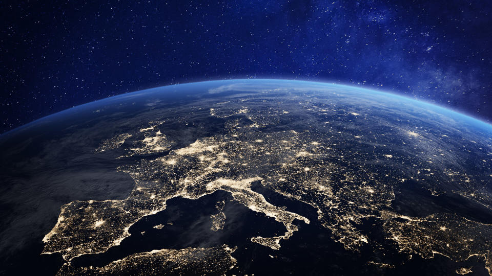 Europe at night viewed from space with city lights showing human activity in Germany, France, Spain, Italy and other countries, 3d rendering of planet Earth, elements from NASA - Image.