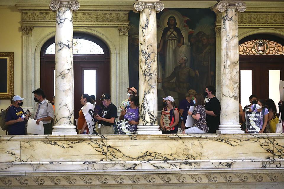 Supporters of the bill for Indigenous Peoples Day head from office to office in the State house advocating for the bill to change Columbus Day to Indigenous Peoples Day  before the summer recess on Wednesday, July 20, 2022. 