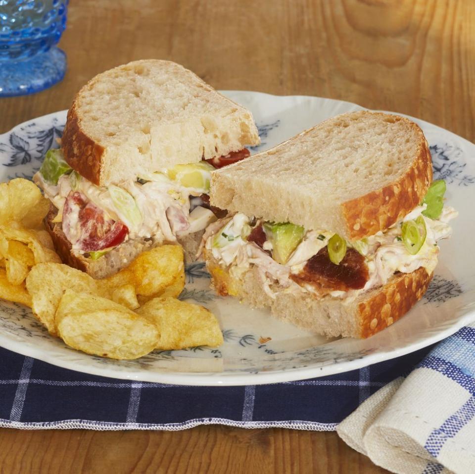 cobb chicken salad sandwich with chips