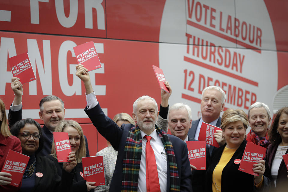 Jeremy Corbyn, center right, Leader of Britain's opposition Labour Party poses with members of his party upon arriving for the launch of Labour's General Election manifesto, at Birmingham City University, England, Thursday, Nov. 21, 2019. Britain goes to the polls on Dec. 12. (AP Photo/Kirsty Wigglesworth)