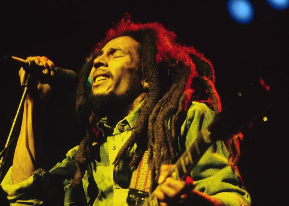 Bob Marley performing live on stage at the Brighton Leisure Centre.