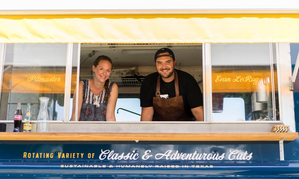 Sawyer Lewis (left) and Evan LeRoy (right) combined their skills for service and cooking to create the best barbecue truck in Austin. Credit: Logan Crable