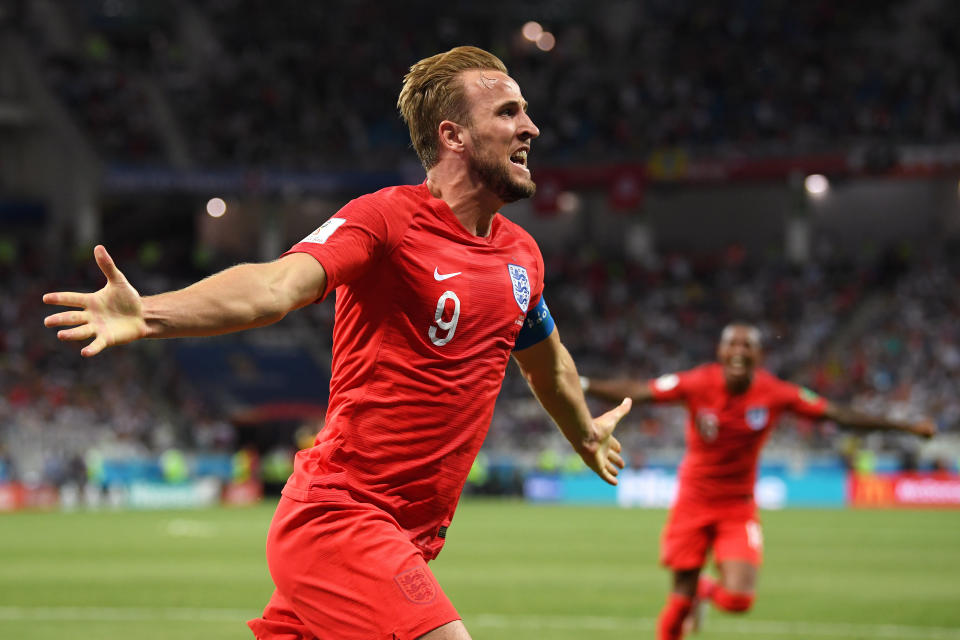 <p>Harry Kane wheels away as England start with a win </p>