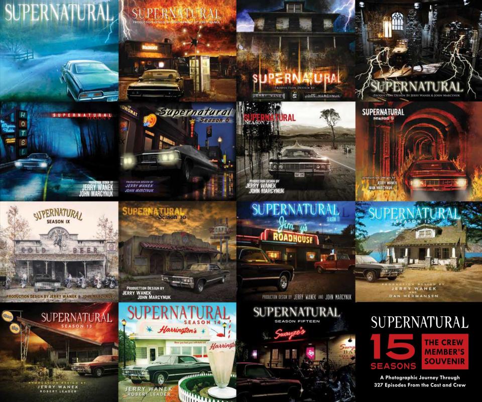 A collage of photos on the cover of the Supernatural crew book