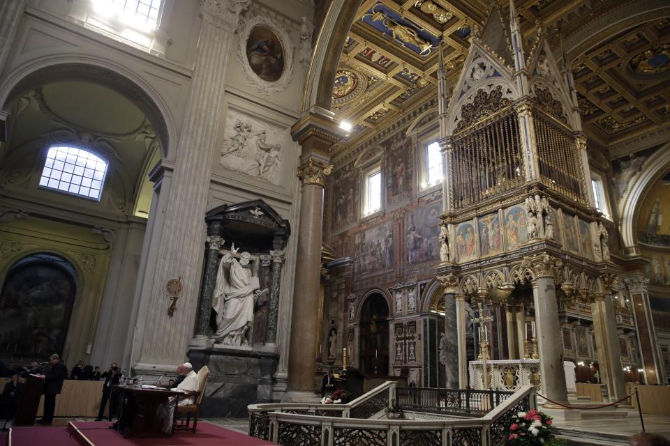 Pope Francis sits as he attends a meeting with the dioceses of Rome, at the Vatican Basilica of St. John Lateran, in Rome, Thursday, May 9, 2019. (AP Photo/Alessandra Tarantino)