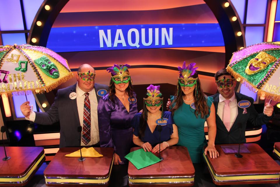 Andrew Benoit-Naquin, right, and family competing on Family Feud, which will air Wednesday, May 22. Left to right: Jay Robichaux, Debbie Gonzales, Raechel Broussard, Kimberly Robichaux, and Andrew Benoit-Naquin.