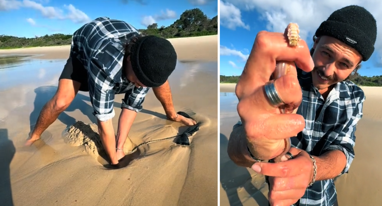 The Aussie bent over trying to pull out a worm from the sand (left). He shows the camera the head of a giant beach worm (right). 