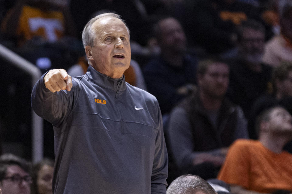 Tennessee coach Rick Barnes directs players during the second half of the team's NCAA college basketball game against Wofford on Tuesday, Nov. 14, 2023, in Knoxville, Tenn. (AP Photo/Wade Payne)