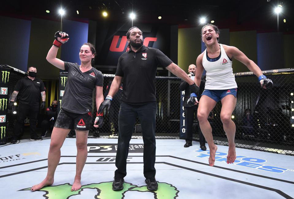 LAS VEGAS, NEVADA - JUNE 13: Cynthia Calvillo reacts after her decision victory over Jessica Eye in their flyweight fight during the UFC Fight Night event at UFC APEX on June 13, 2020 in Las Vegas, Nevada. (Photo by Chris Unger/Zuffa LLC)