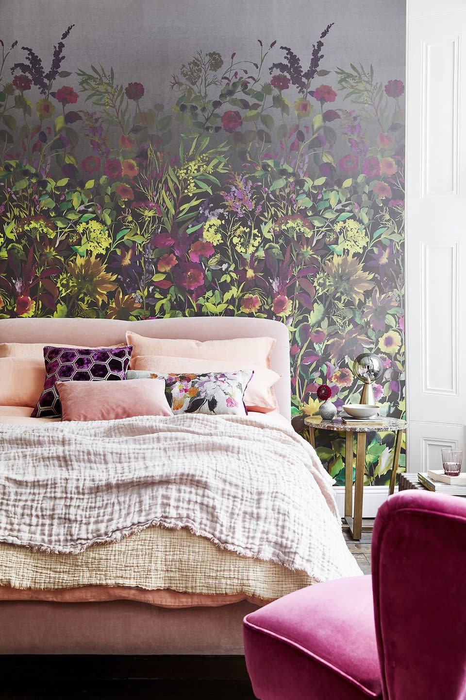 <p>Pull as many colors as you'd like out of this garden-inspired accent wall, including variations of lavender and magenta. </p>