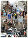 This combination of April 15, 2013 and April 10, 2014 photos, the first provided by Bob Leonard, shows people running away from a bomb blast along Boylston Street near the finish line of the Boston Marathon, and a patron entering a taxi on the same street nearly a year later in Boston. (AP Photo/Courtesy of Bob Leonard; and Elise Amendola)