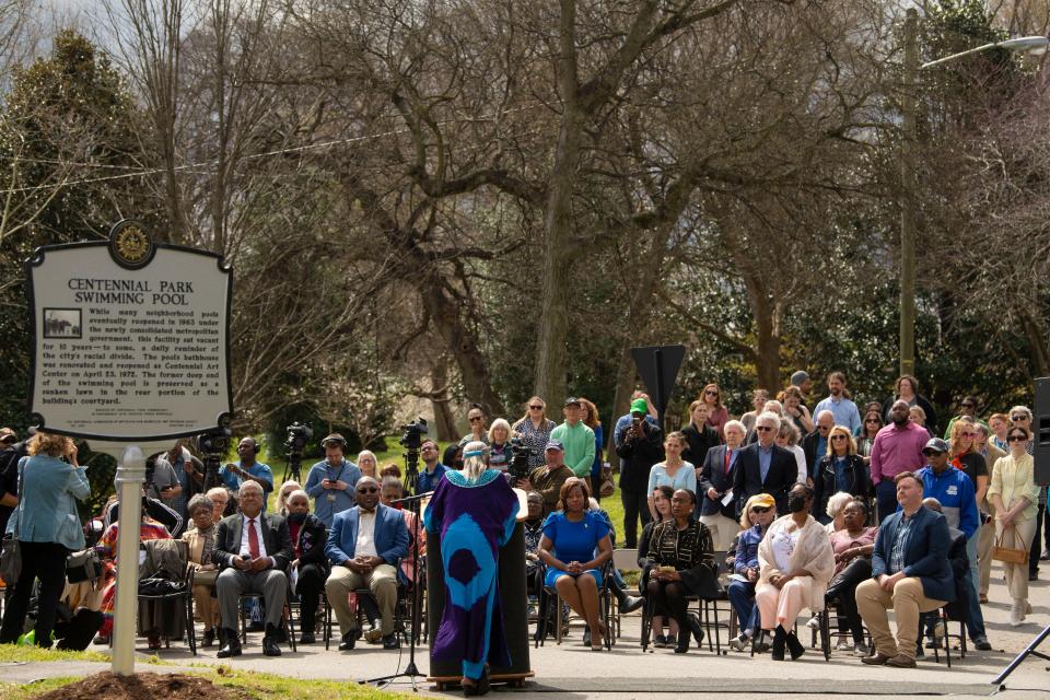 Evelyn Lillard, wife of the late Kwame Leo Lillard speaks during the unveiling of the Centennial Park Swimming Pool marker at Centennial Park  in Nashville, Tenn., Wednesday, March 23, 2022.