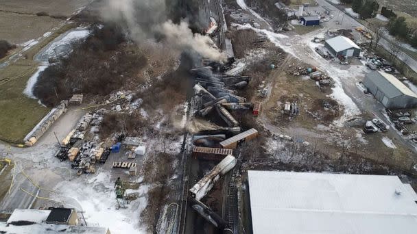 PHOTO: Drone footage shows the freight train derailment, Feb. 6, 2023, in East Palestine, Ohio. (Ntsbgov/via Reuters)