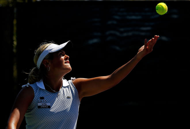KEY BISCAYNE, FL - MARCH 23: Aleksandra Wozniak of Canada in action against Monica Niculescu of Romania during Day 5 of the Sony Ericsson Open at Crandon Park Tennis Center on March 23, 2012 in Key Biscayne, Florida. (Photo by Mike Ehrmann/Getty Images)