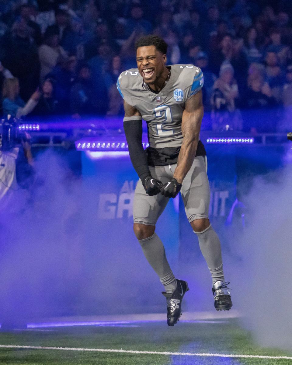 Detroit Lions safety C.J. Gardner-Johnson is introduced before the game against the Minnesota Vikings at Ford Field, Jan. 7, 2024.