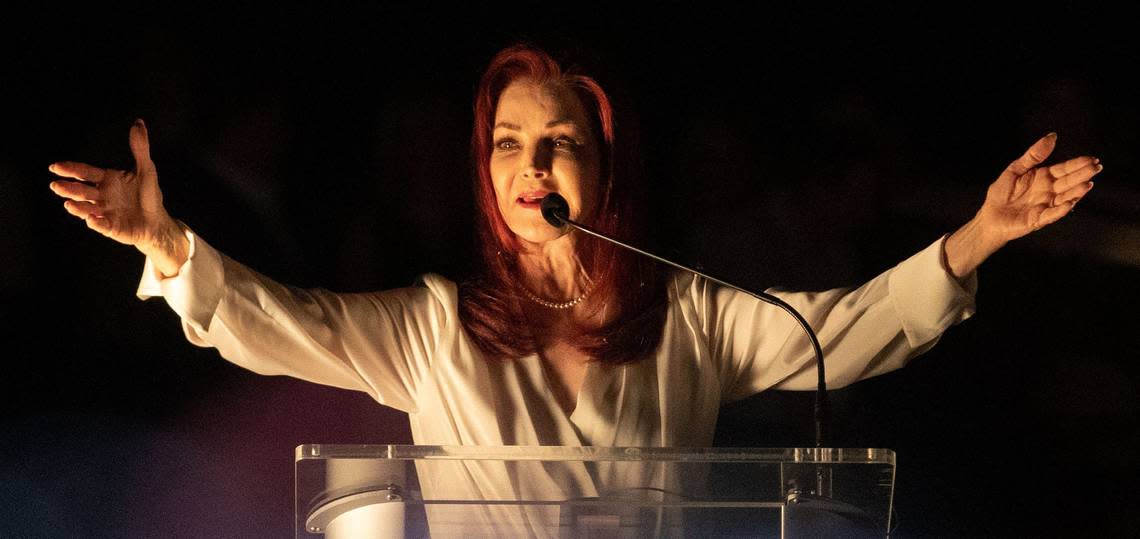 Priscilla Presley, speaking during the Candlelight Vigil ceremony marking the 45th anniversary of Elvis Presley’s death Monday, Aug. 15, 2022, at Graceland in Memphis, will be in Lexington this weekend.