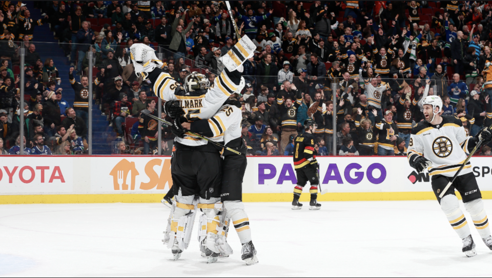 Linus Ullmark gave the NHL-leading Boston Bruins something more to celebrate with a goalie goal on Saturday. (Getty Images)