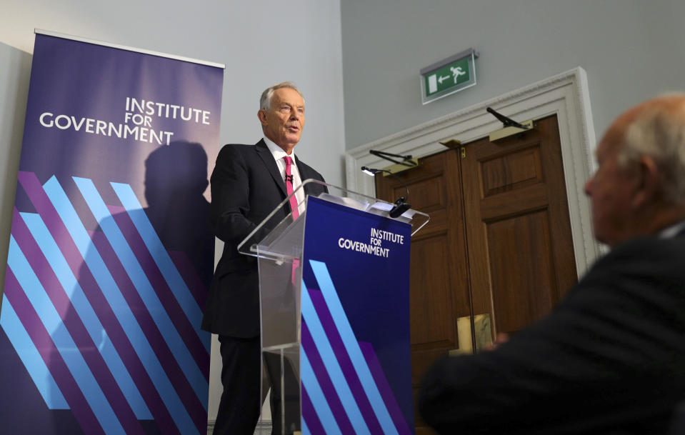 Former British prime minister Tony Blair gives a speech on Brexit at the Institute for Government in central London, Monday Sept. 2, 2019. (Aaron Chown/Pool via AP)