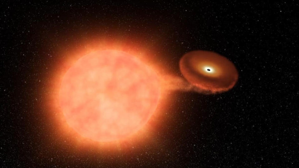 A white dwarf stellar remnant sucking in matter from a companion star in the vacuum of space.