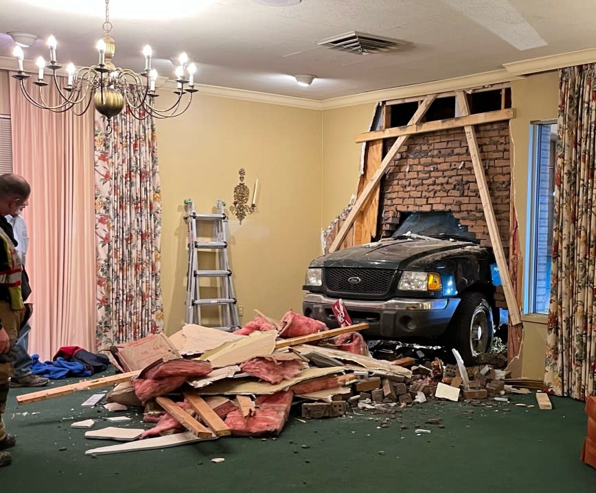 A pickup truck crashed into Metcalf and Jonkhoff Funeral Service near Grand Rapids on Nov. 14, 2023. (Courtesy Nicki Metcalf)