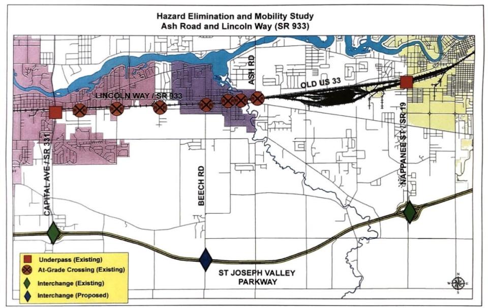 This map shows the scope of the Osceola train crossing hazard elimination and mobility study being done by Abonmarche Consultants to see about the possible over/underpass concept for Osceola in addition to the potential for a Beech Road exit on the St. Joseph Valley Parkway.