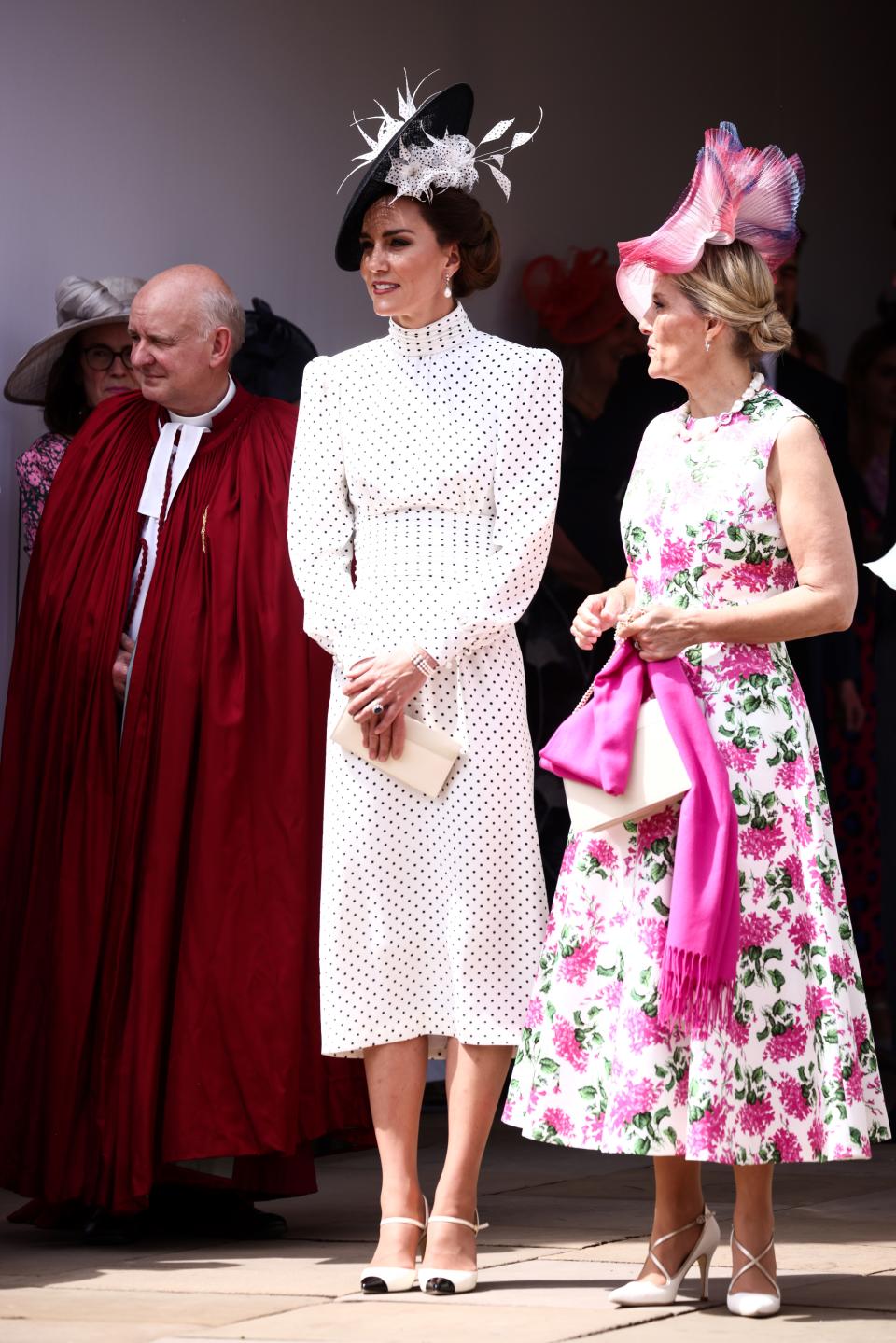 WINDSOR, ENGLAND - JUNE 19: Catherine, Princess of Wales (L) and Sophie, Duchess of Edinburgh (R) react as they arrive at St George's Chapel to attend the Order Of The Garter Service at Windsor Castle on June 19, 2023 in Windsor, England. (Photo by Henry Nicholls - WPA Pool/Getty Images)