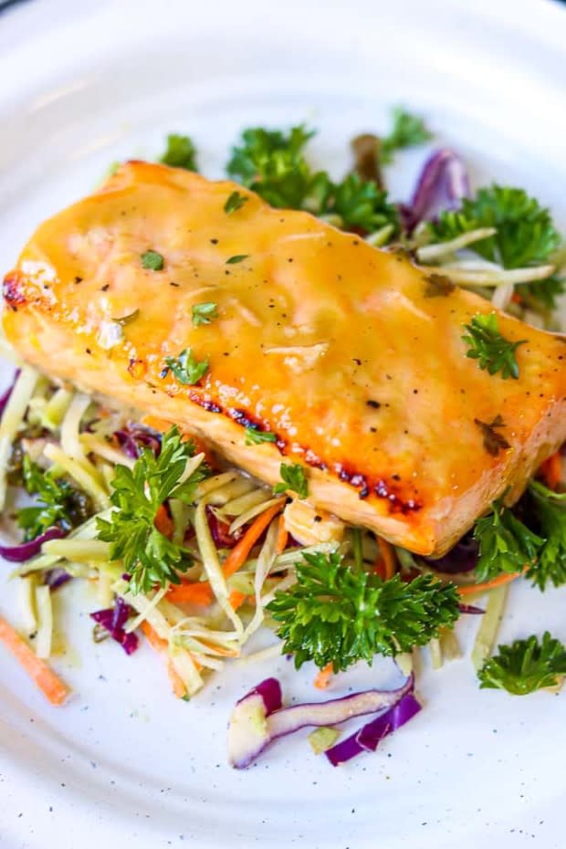<p>Savory Thoughts</p><p>Baked salmon fillet made in the air fryer to perfection. A flavorful simple meal that’s ready in 10 minutes.</p><p><strong>Get the recipe: <a href="https://www.savorythoughts.com/honey-dijon-salmon-air-fryer/" rel="nofollow noopener" target="_blank" data-ylk="slk:Air Fryer Honey Dijon Salmon;elm:context_link;itc:0;sec:content-canvas" class="link ">Air Fryer Honey Dijon Salmon</a></strong></p>