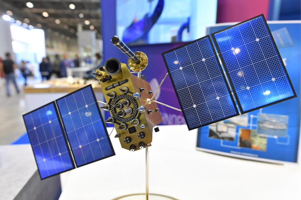 A mockup of the GLONASS-K satellite navigation system on display at Technoprom-2019, the 7th International Forum of Technological Development at the Novosibirsk Expocenter. (Kirill Kukhmar\TASS via Getty Images)