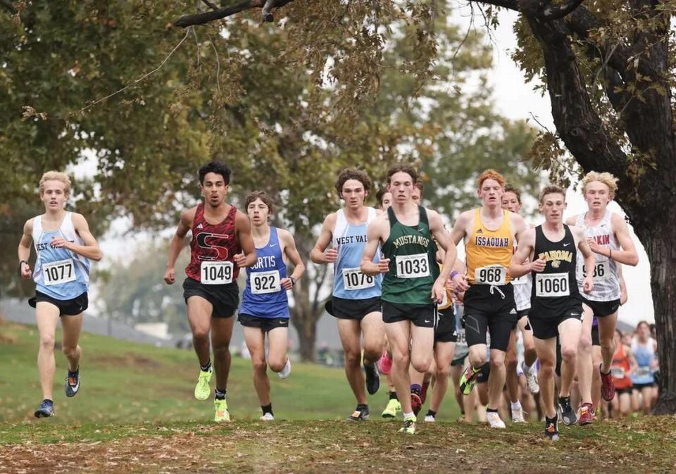 Kamiakin junior Ezra Teeples, far right, is among the early leaders at the 1-mile mark during Saturday’s 4A boys Washington state cross country championships at Sun Willows Golf Course in Pasco. Teeples ended up winning the race. Second from left is Sunnyside junior Andrew Garcia, who placed 11th.