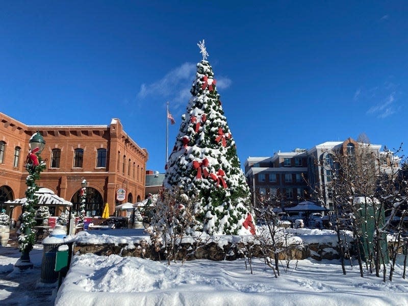 Snow covers a Christmas tree in Flagstaff on Dec. 12, 2022.