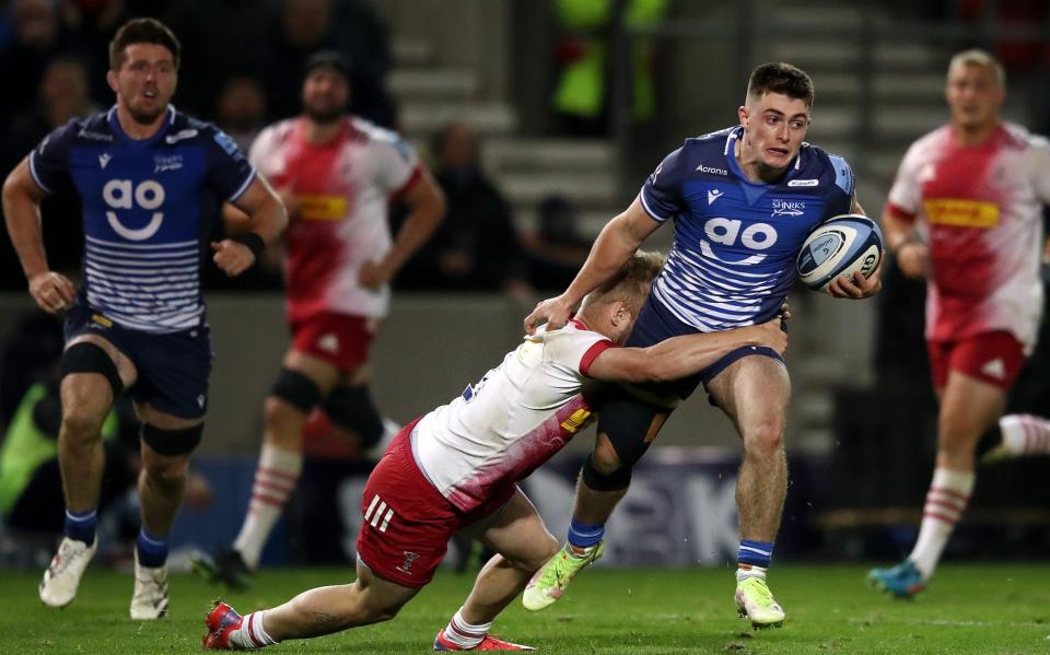 Raffi Quirke of Sale Sharks is tackled by Tyrone Green of Harlequins during the Gallagher Premiership Rugby match between Sale Sharks and Harlequins - Jan Kruger/Getty Images for Sale Sharks