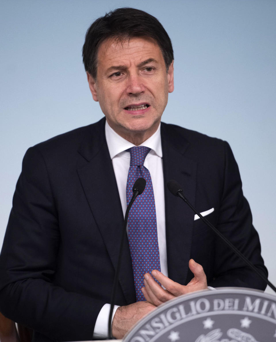 Italian Prime Minister Giuseppe Conte speaks during a press conference at the end of a meeting with ArcelorMittal's top management, at the Chigi Palace in Rome, late Friday, Nov. 22, 2019. Conte says steelmaker ArcelorMittal has agreed to try for a negotiated solution over the fate of a southern Italian steel plant after four-hour-long talks between Conte and ArcelorMittal executives ending Friday before midnight. (Maurizio Brambatti/ANSA via AP)