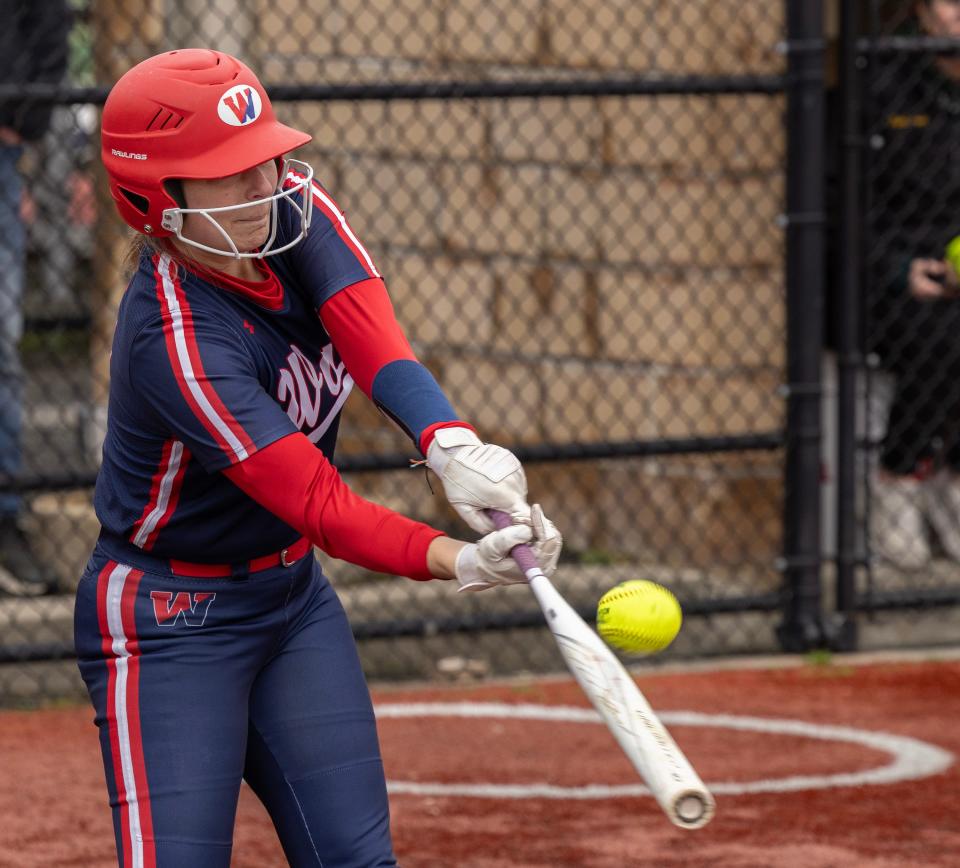 Wall’s Emily Gill at the plate in first inning action. Red Bank Catholic Girls Softball defeats Wall 6-2 in home game on April 4, 2024