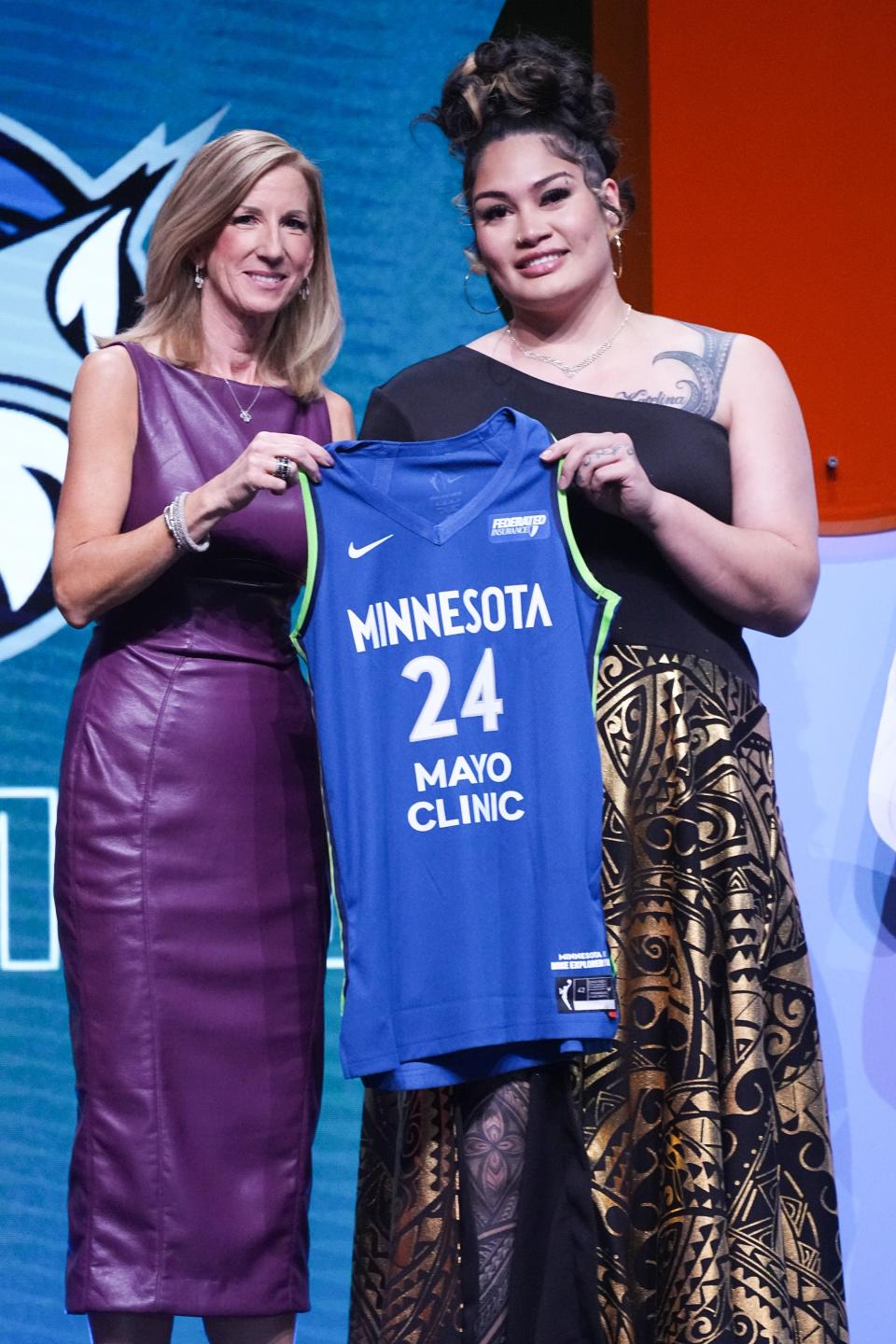Cathy Engelbert and Alissa Pili at the WNBA Draft 2024 held at the Brooklyn Academy of Music on April 15, 2024 in New York City.