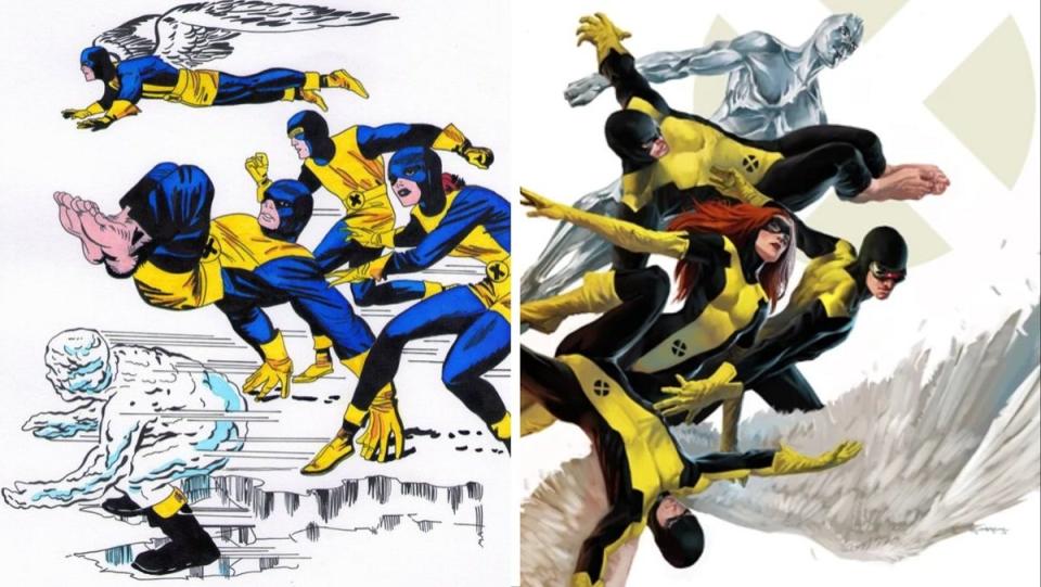 The original X-Men in 1963, and the modern interpretation of the classic X-Men in the 2000s series X-Men; First Class. 