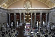 Rep. Debbie Wasserman Schultz, D-Fla., speaks during a Celebration of Life for Rep. Alcee Hastings, D-Fla., in Statuary Hall on Capitol Hill in Washington, Wednesday, April 21, 2021. Hastings died earlier this month, aged 84, following a battle with pancreatic cancer. (Tasos Katopodis/Pool via AP)